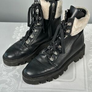 Aquatalia Black Lug Sole Leather Combat Boots Shearling Lace Up City Chic 9.5/40